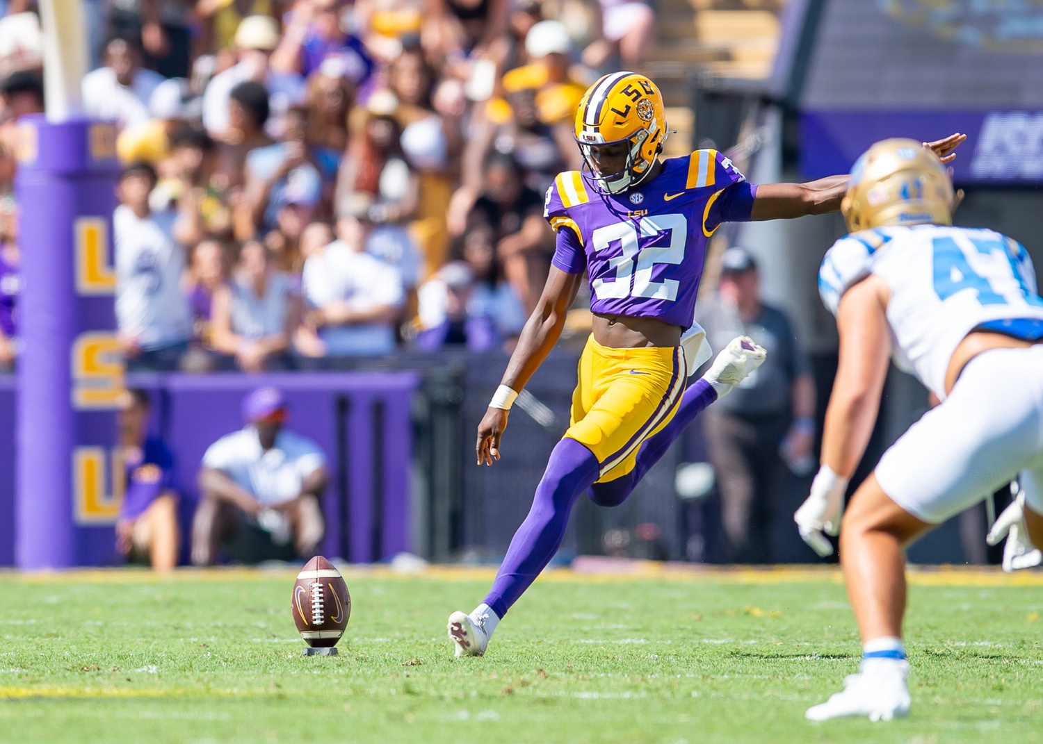 Tigers kicker Aeron Burrell 32 as the LSU Tigers take on UCLA at Tiger Stadium