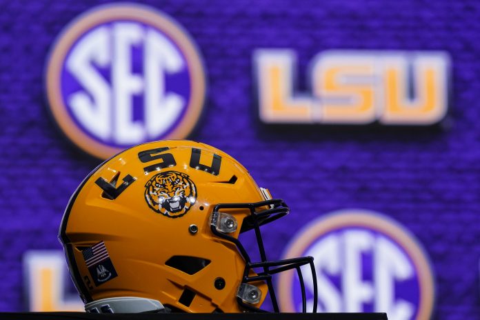 LSU Tigers helmet on the stage during SEC Media Days at the College Football Hall of Fame.