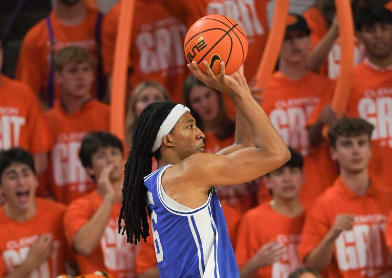 Duke Blue Devils forward Maliq Brown (6) shoots the ball against the Clemson Tigers during the second half at Littlejohn Coliseum.