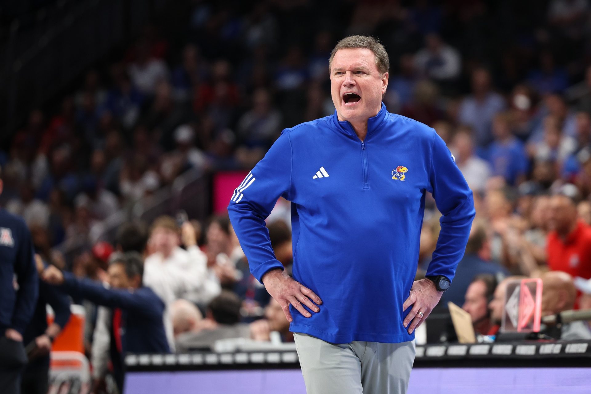 Kansas Jayhawks coach Bill Self reacts to game play during the second half against the Arizona Wildcats at T-Mobile Center.