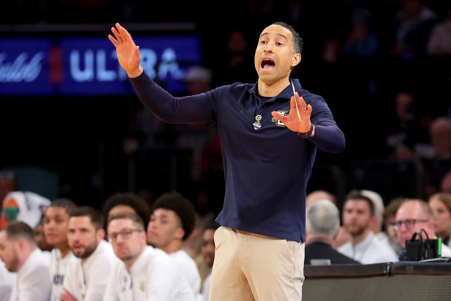 Marquette Golden Eagles head coach Shaka Smart coaches against the Xavier Musketeers during the second half at Madison Square Garden.