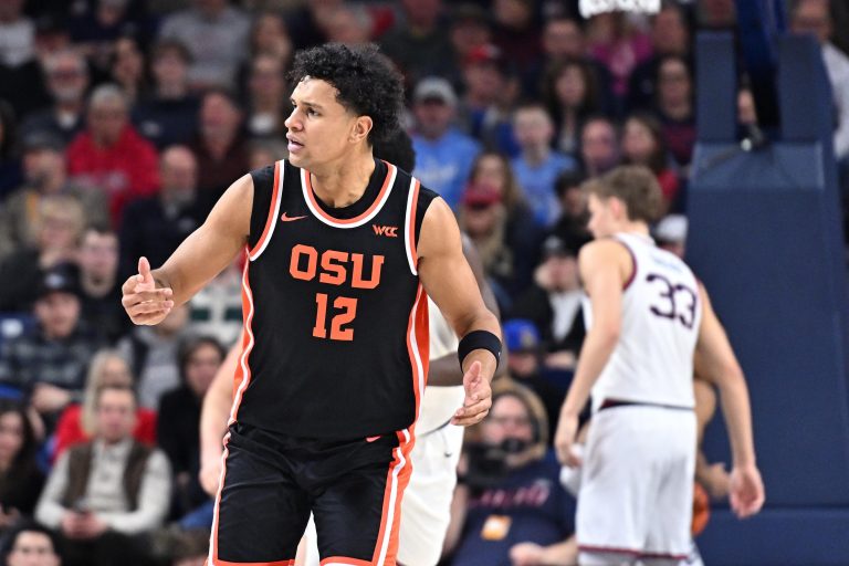 Oregon State Beavers forward Michael Rataj (12) reacts after a play against the Gonzaga Bulldogs in the second half at McCarthey Athletic Center.