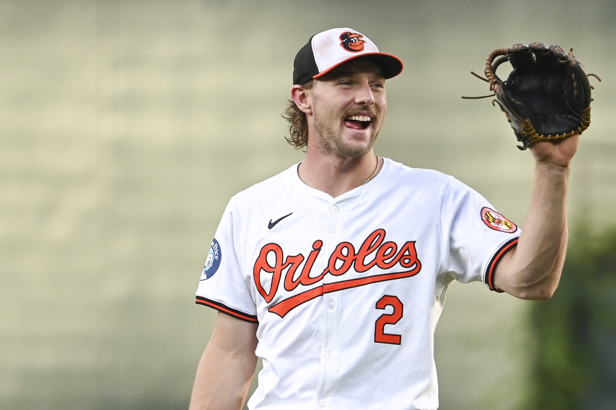 Baltimore Orioles shortstop Gunnar Henderson (2) reacts while warming up before the game against the Chicago White Sox at Oriole Park at Camden Yards.