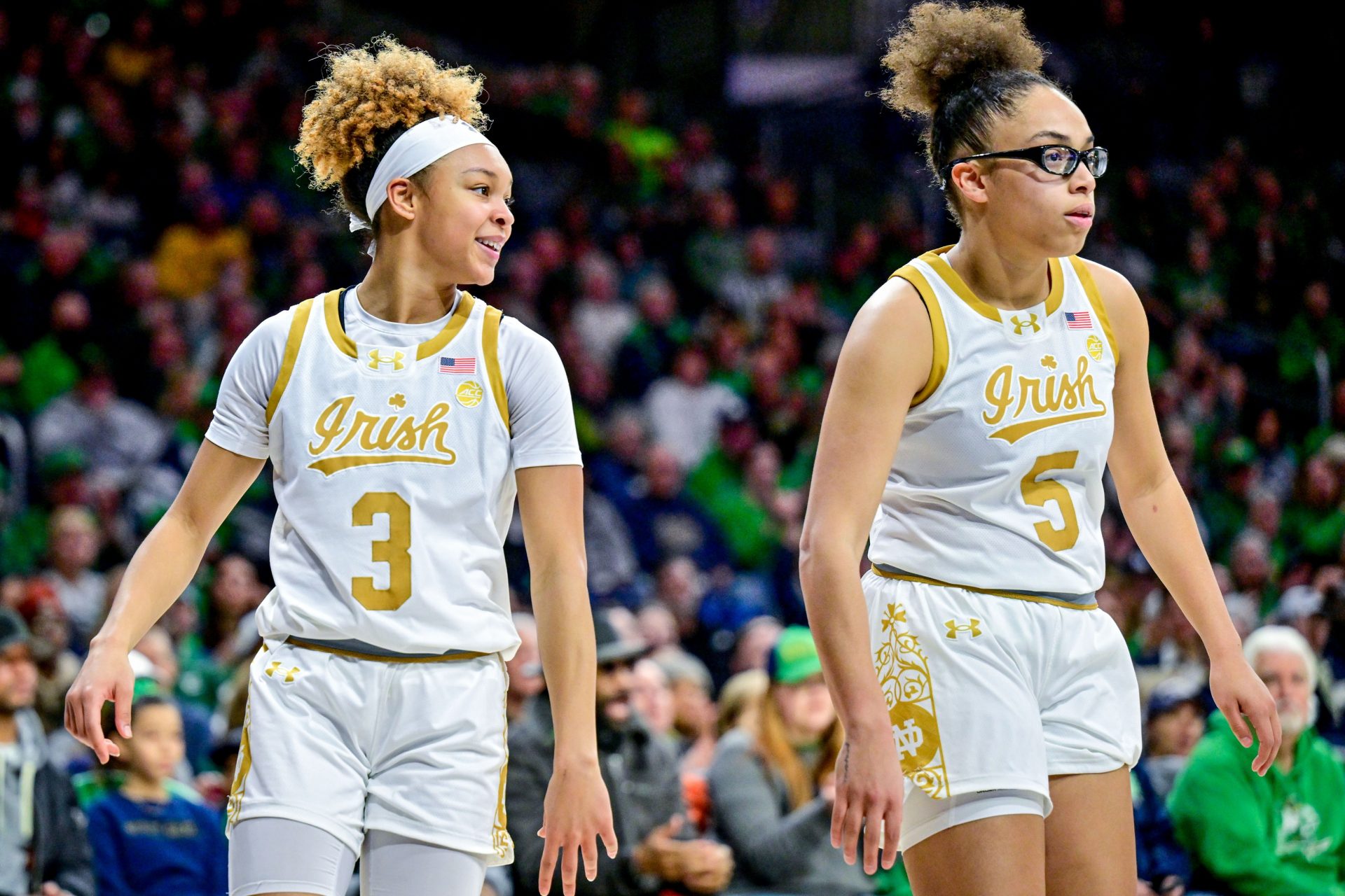 Notre Dame Fighting Irish guard Hannah Hidalgo (3) and guard Olivia Miles (5) pause in the first half against the Duke Blue Devils at the Purcell Pavilion.