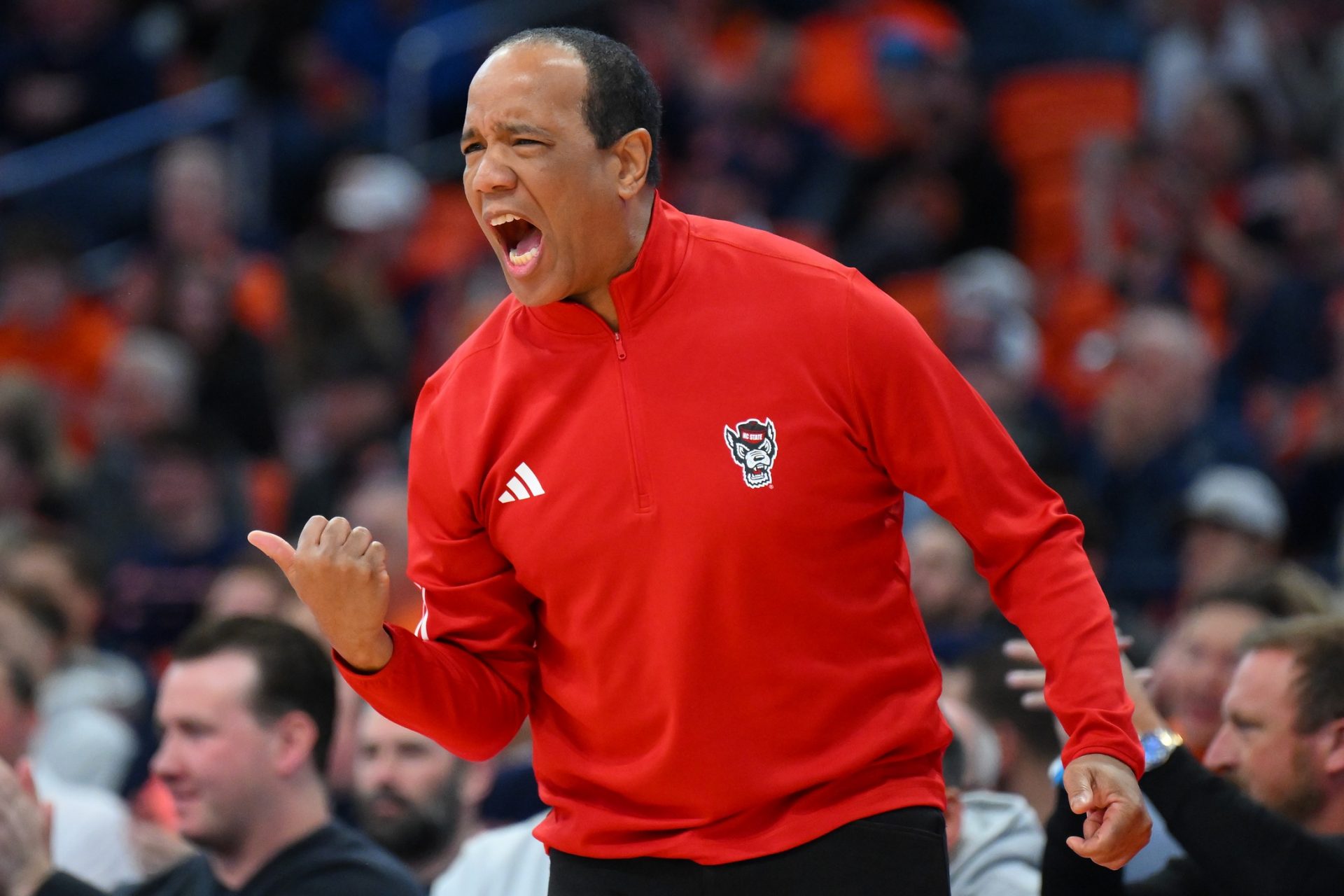 North Carolina State Wolfpack head coach Kevin Keatts reacts to a call against the Syracuse Orange during the first half at the JMA Wireless Dome.