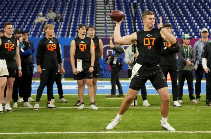 Ohio State quarterback Will Howard (QB07) during the 2025 NFL Combine at Lucas Oil Stadium.