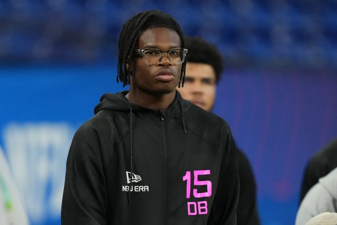 Colorado defensive back Travis Hunter (DB15) looks on during the 2025 NFL Scouting Combine at Lucas Oil Stadium.