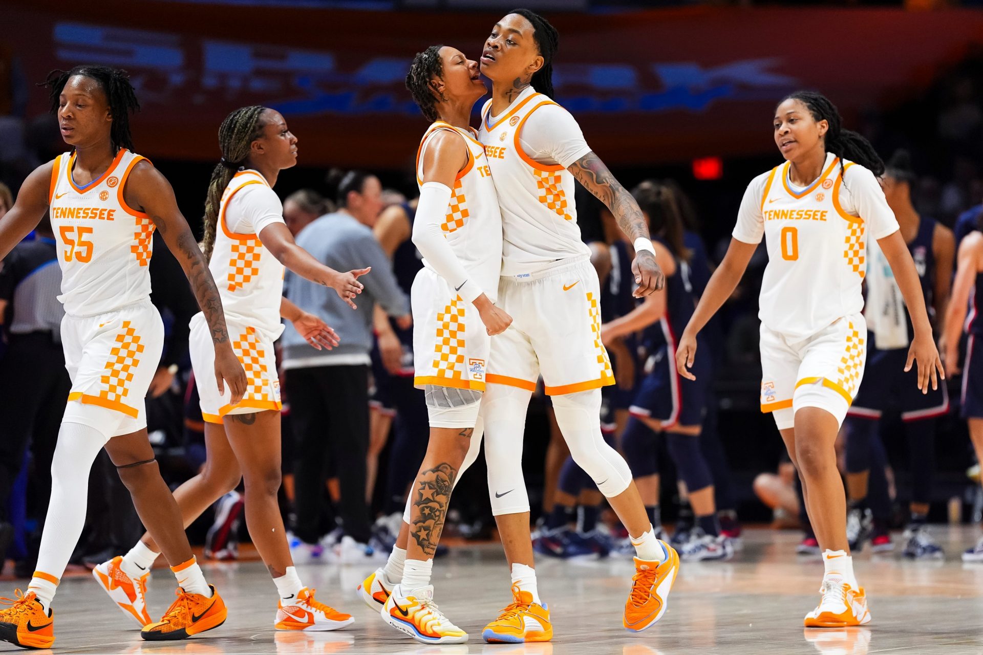 Tennessee guard Ruby Whitehorn (2) chest bumps Tennessee forward Zee Spearman (11) during a women's college basketball game between the Lady Vols and UConn at Thompson-Boling Arena at Food City Center