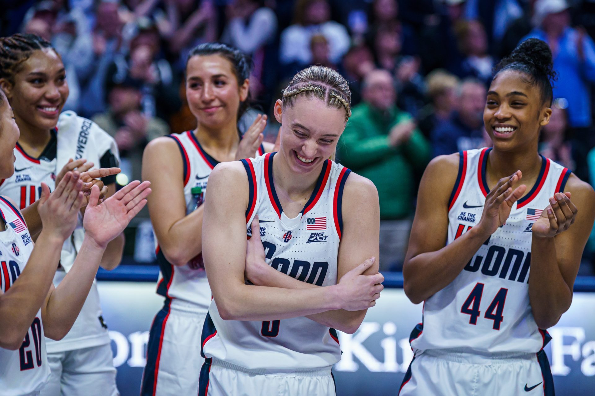 UConn Huskies guard Paige Bueckers (5) reacts after being inducted into the Huskies Women of Honor during senior night after the game against the Marquette Golden Eagles at Harry A. Gampel Pavilion.