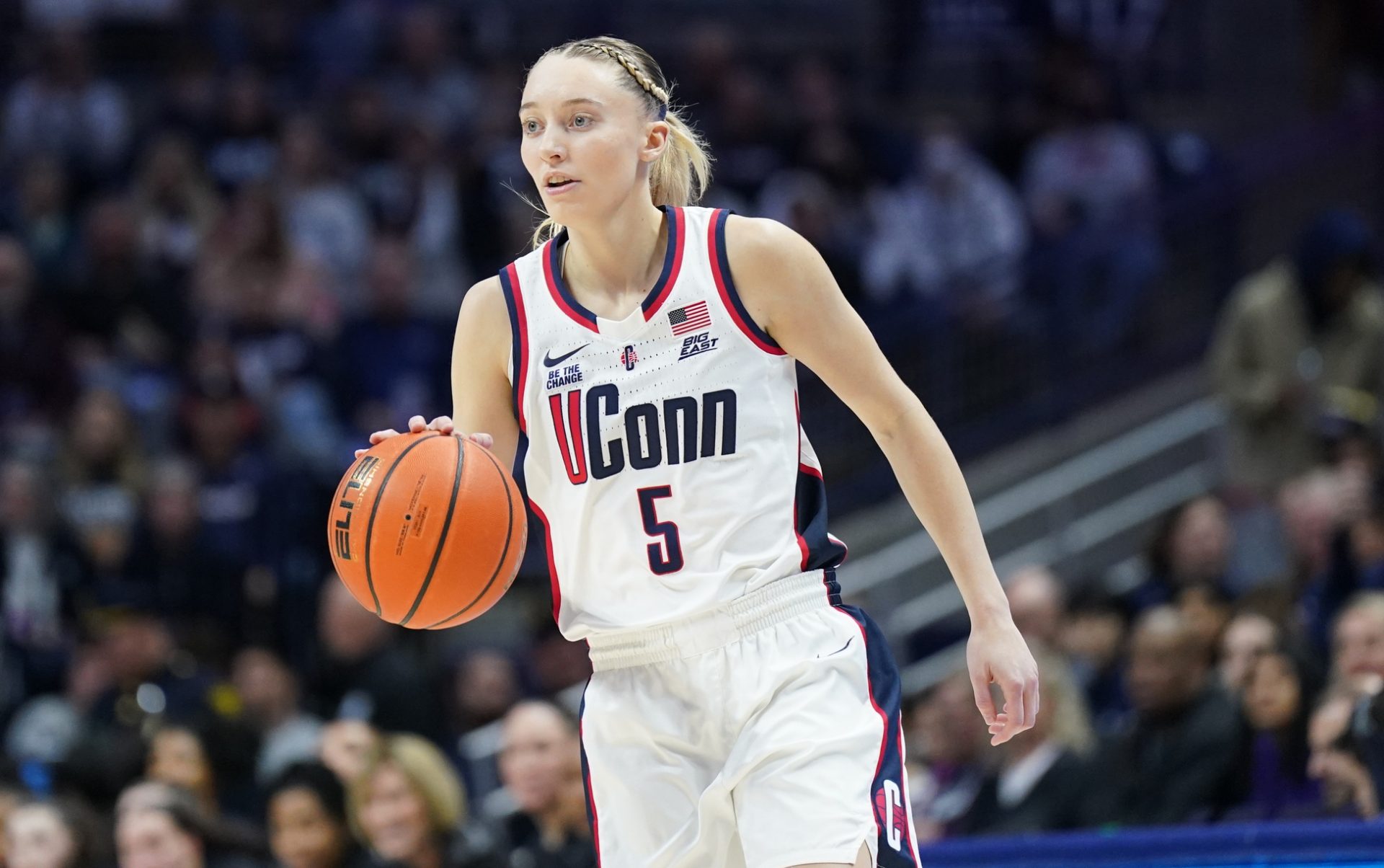 UConn Huskies guard Paige Bueckers (5) returns the ball against the Seton Hall Pirates in the first half at Harry A. Gampel Pavilion.