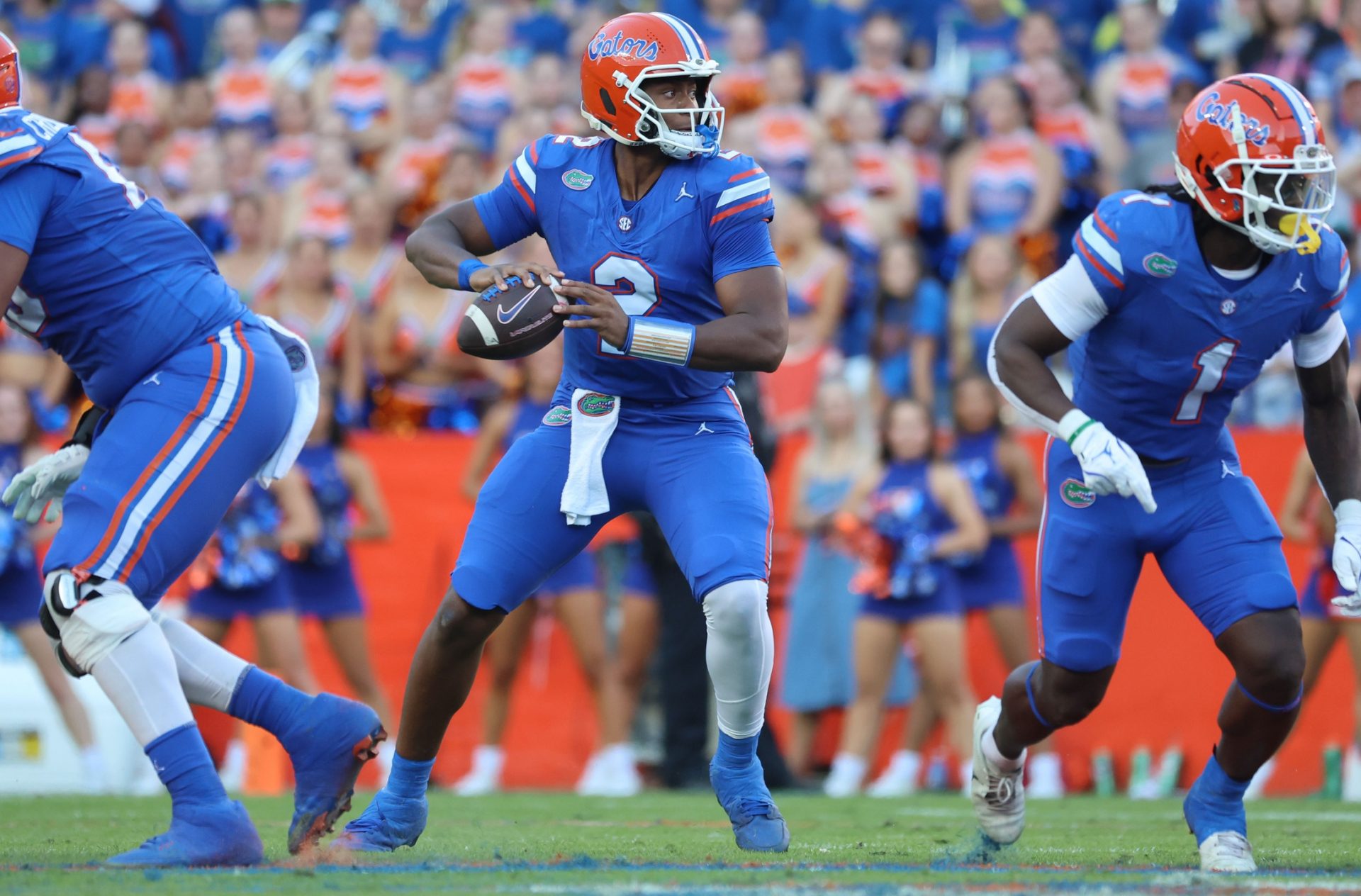 Florida Gators quarterback DJ Lagway (2) drops back against the LSU Tigers during the first half at Ben Hill Griffin Stadium.