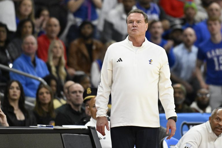 Kansas Jayhawks head coach Bill Self reacts during the first half against the Arkansas Razorbacks at Amica Mutual Pavilion.