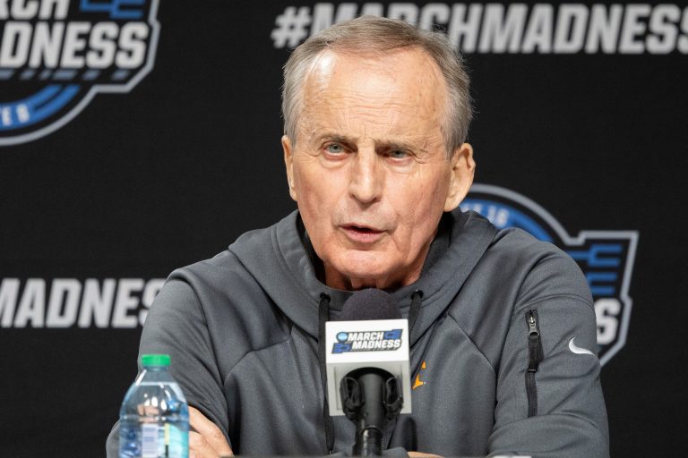 Tennessee Volunteers head coach Rick Barnes talks to the media during practice day at Lucas Oil Stadium.