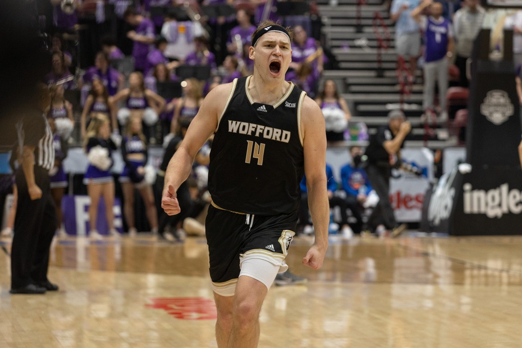 Wofford’s Kyler Filewich celebrated after the team defeated Furman for the SoCon title