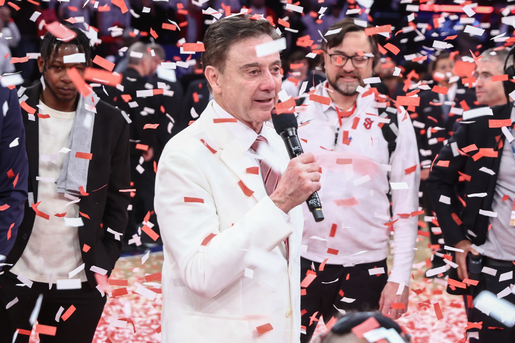 St. John's Red Storm head coach Rick Pitino addresses the fans after winning the Big East Regular Season Championship at Madison Square Garden.