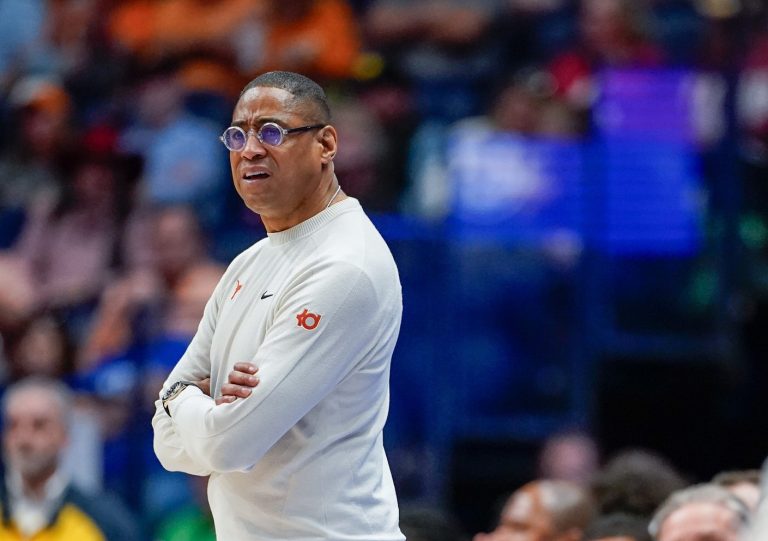 Texas head coach Rodney Terry surveys the court during the first half against Tennessee during a Southeastern Conference tournament quarterfinal game