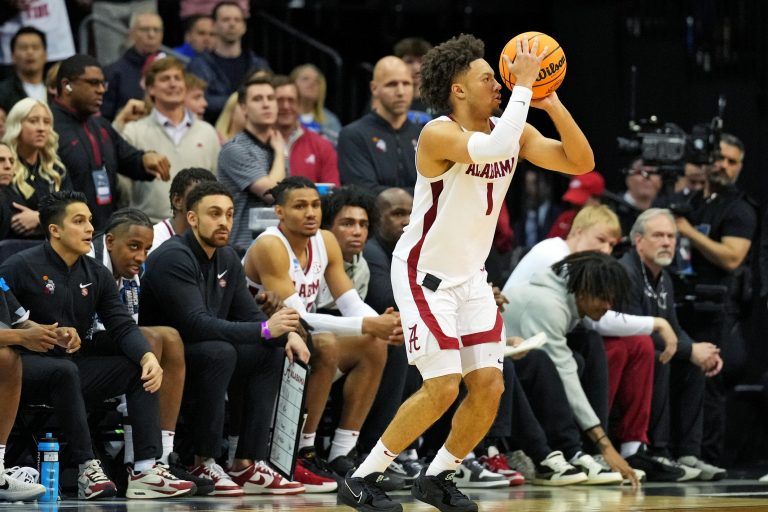 Alabama Crimson Tide guard Mark Sears (1) shoots the ball during the second half against the Brigham Young Cougars during an East Regional semifinal of the 2025 NCAA tournament at Prudential Center.