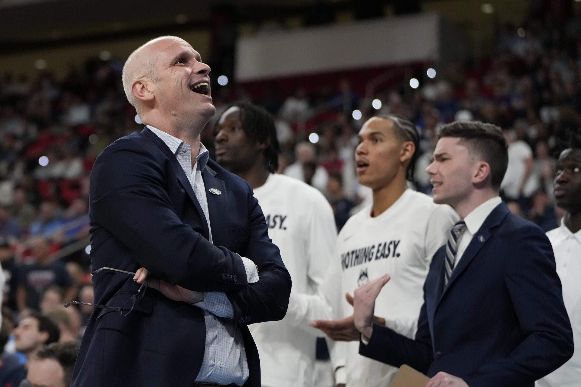 Connecticut Huskies head coach Dan Hurley reacts during the second half against Oklahoma Sooners at Lenovo Center.