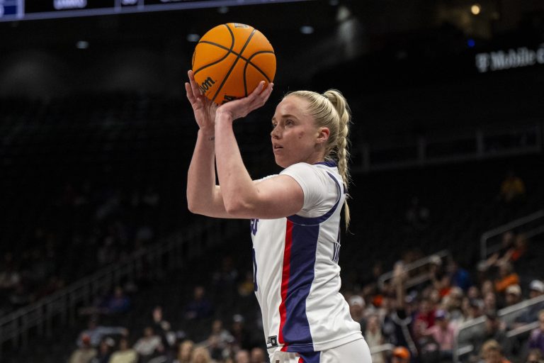 Horned Frogs guard Hailey Van Lith (10) shoots the ball against the West Virginia Mountaineers during the first half at T-Mobile Center.