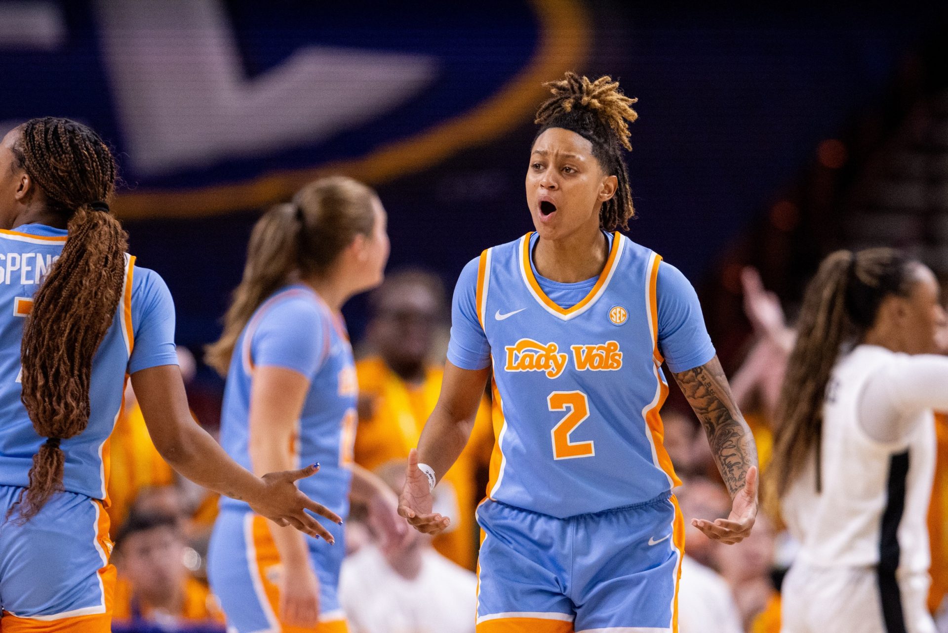 Tennessee Lady Vols guard Ruby Whitehorn (2) reacts to a call during the second half against the Vanderbilt Commodores at Bon Secours Wellness Arena.