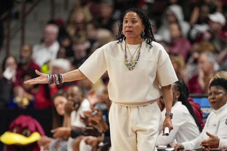South Carolina head coach Dawn Staley during the first half against the Tennessee Tech Golden Eagles at Colonial Life Arena.