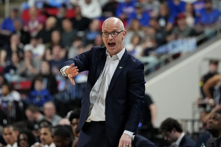Connecticut Huskies head coach Dan Hurley reacts during the first half against the Connecticut Huskies in the second round of the NCAA Tournament at Lenovo Center.