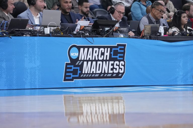 NCAA March Madness signage is seen during a game between the Clemson Tigers and the McNeese State Cowboys
