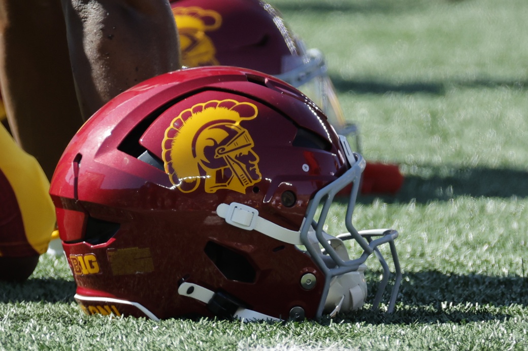 USC Trojans helmet on the sideline during the game against the Michigan Wolverines at Michigan Stadium.