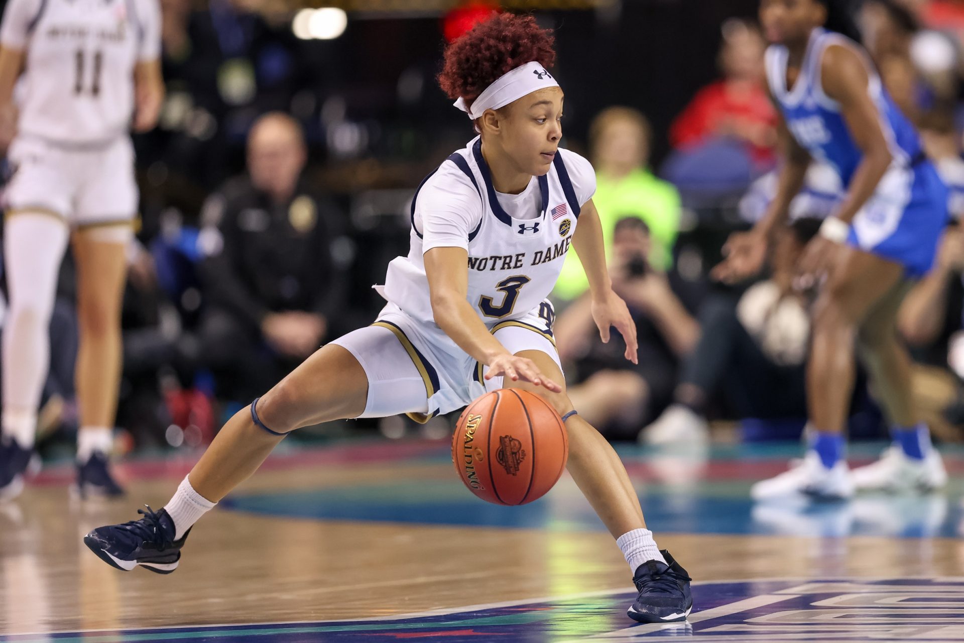 Notre Dame Fighting Irish guard Hannah Hidalgo (3) handles the ball during the second quarter against Duke Blue Devils at First Horizon Coliseum.