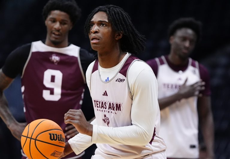 Texas A&M Aggies guard Andre Mills (7) during practice at Ball Arena.