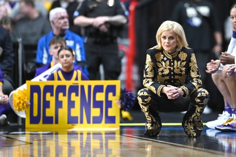 LSU Lady Tigers head coach Kim Mulkey looks on against the NC State Wolfpack during the second half of a Sweet 16 NCAA Tournament basketball game at Spokane Arena.