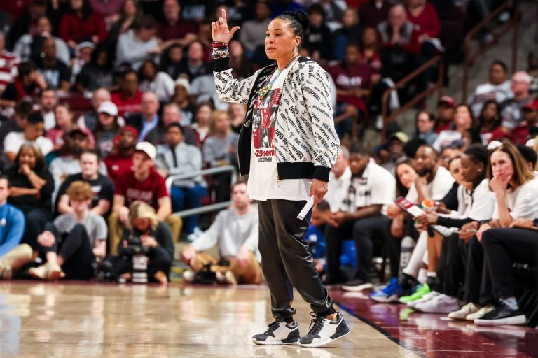 South Carolina Gamecocks head coach Dawn Staley directs her team against the Kentucky Wildcats in the first half at Colonial Life Arena.