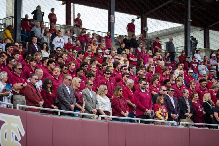 The current Florida State baseball team attends the celebration of life for legendary FSU baseball coach Mike Martin on Saturday, Feb. 10, 2024.