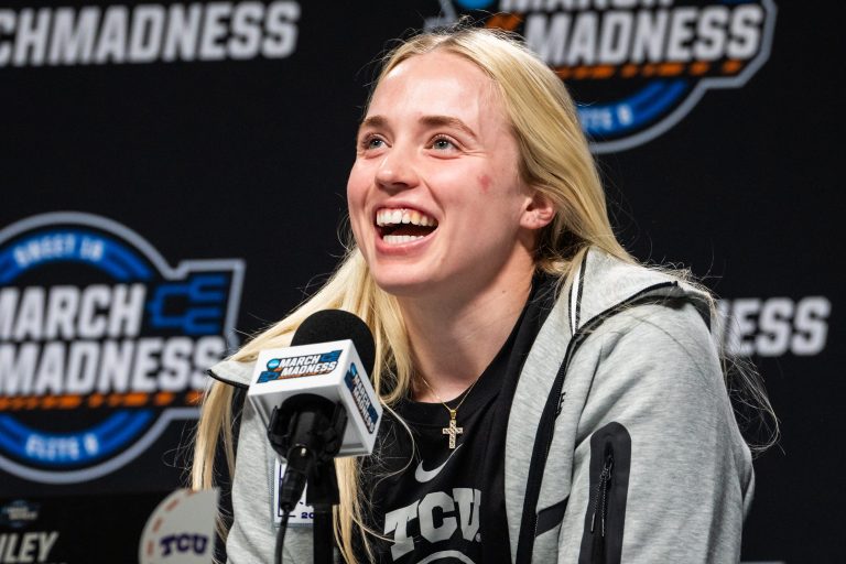TCU guard Hailey Van Lith (10) speaks to the media during a press conference ahead of the Regional Finals of the NCAA Women's Tournament