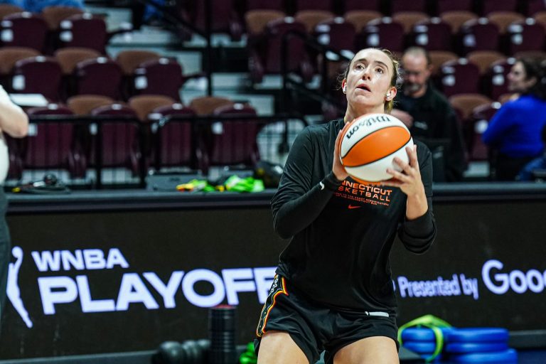 Connecticut Sun guard Marina Mabrey (4) warms up before the start of game four of the 2024 WNBA Semi-finals against the Minnesota Lynx at Mohegan Sun Arena.