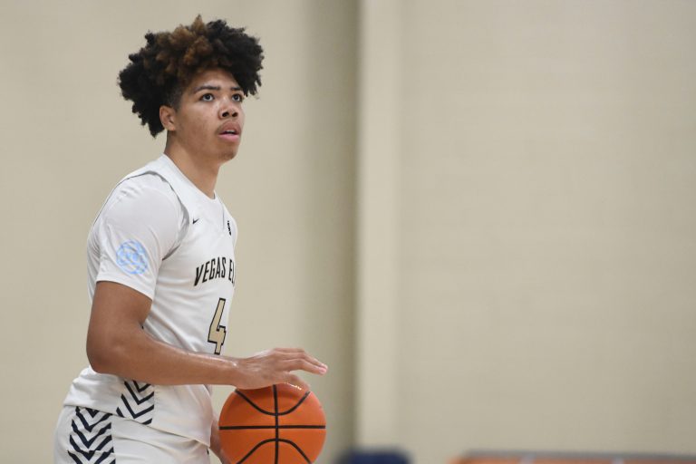 Vegas Elite Tyran Stokes (4) look to the sidelines during the Vegas Elite and Boo Williams game at third day of the Peach Jam in Riverview Park Activities Center. Vegas Elite defeated Boo Williams 71-52.