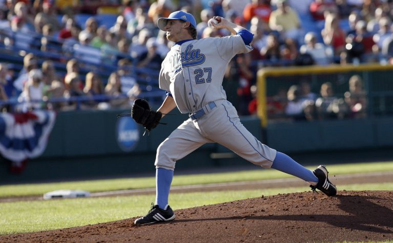 UCLA Bruins pitcher Rob Rasmussen (27) pitches against the South Carolina Gamecocks in the first inning during game two of the 2010 College World Series finals at Rosenblatt Stadium.