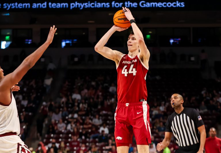 Arkansas Razorbacks forward Zvonimir Ivisic (44) attempts a three point basket against the South Carolina Gamecocks in the second half at Colonial Life Arena.