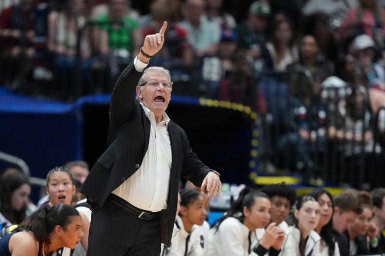 Connecticut Huskies head coach Geno Auriemma reacts during first half in a semifinal of the women's 2025 NCAA tournament against the UCLA Bruins at Amalie Arena.