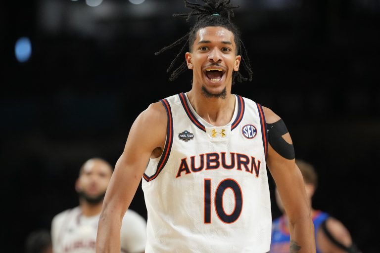 Auburn Tigers guard Chad Baker-Mazara (10) reacts after making a basket against the Florida Gators in the semifinals of the men's Final Four of the 2025 NCAA Tournament at the Alamodome.