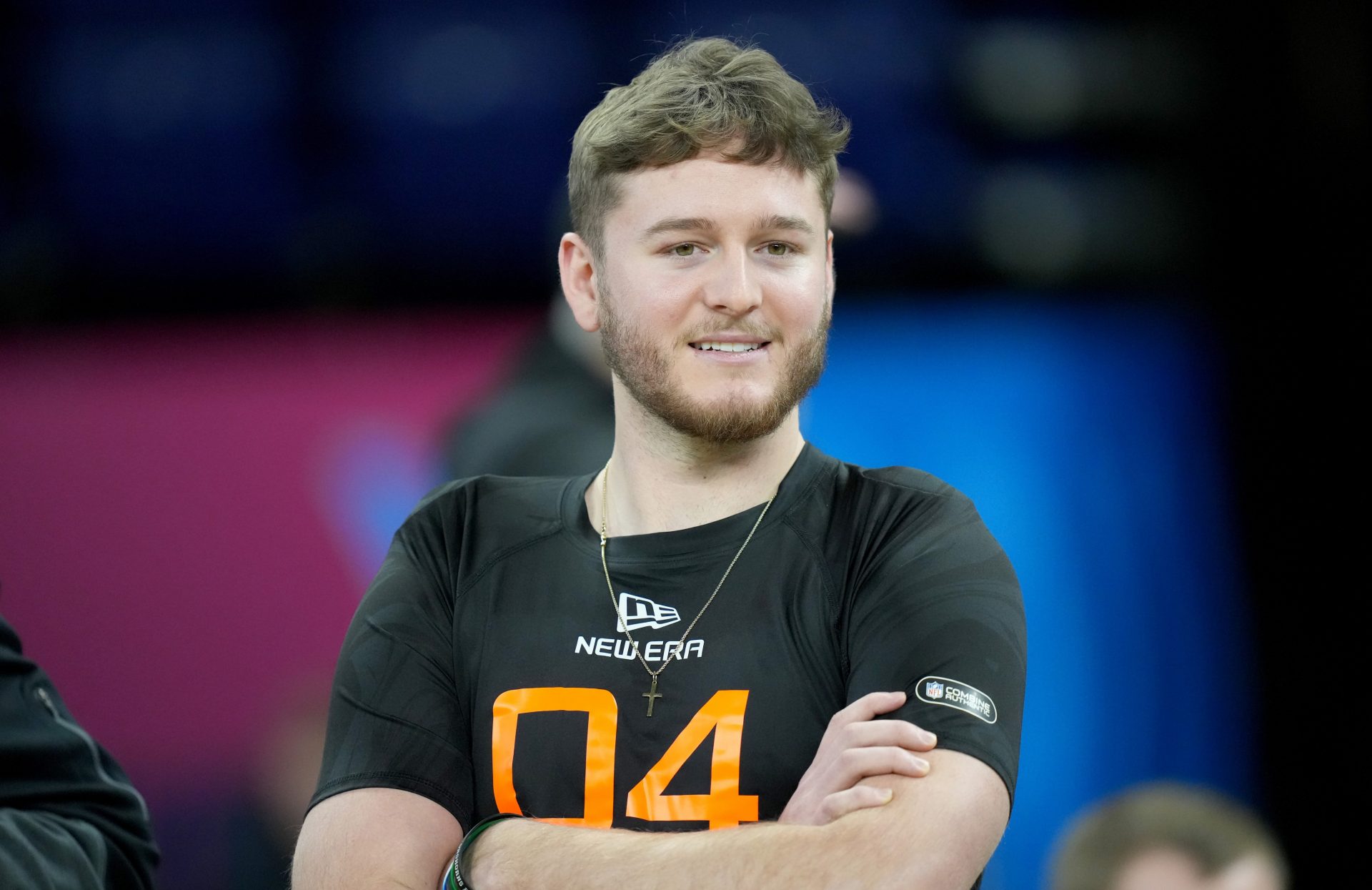 Texas quarterback Quinn Ewers (QB04) during the 2025 NFL Combine at Lucas Oil Stadium.