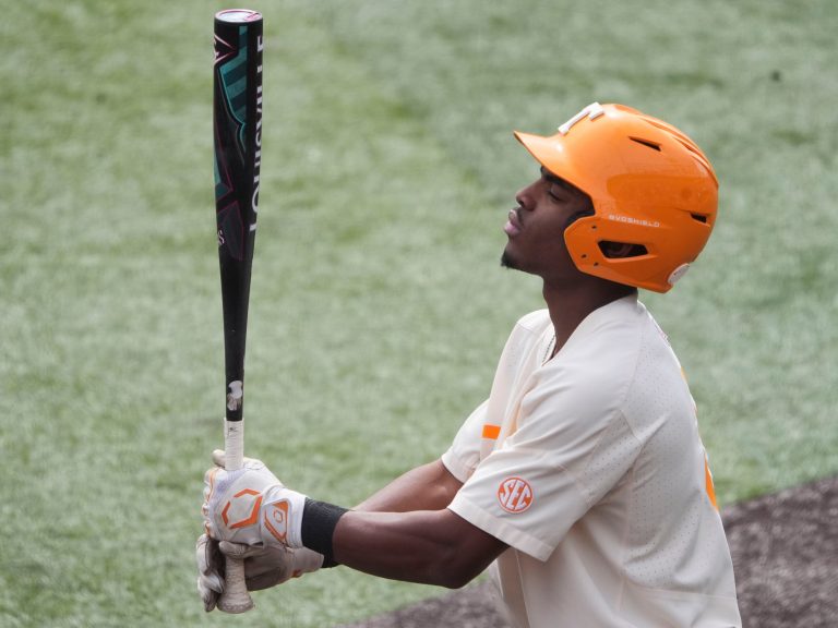 Tennessee's Jay Abernathy(8) at bat during an NCAA college baseball game against St. Bonaventure on Sunday, March 9, 2025, in Knoxville, Tenn.