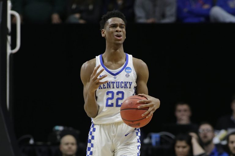 Kentucky Wildcats guard Shai Gilgeous-Alexander (22) reacts during the second half against the Buffalo Bulls during the second round of the 2018 NCAA Tournament at Taco Bell Arena.