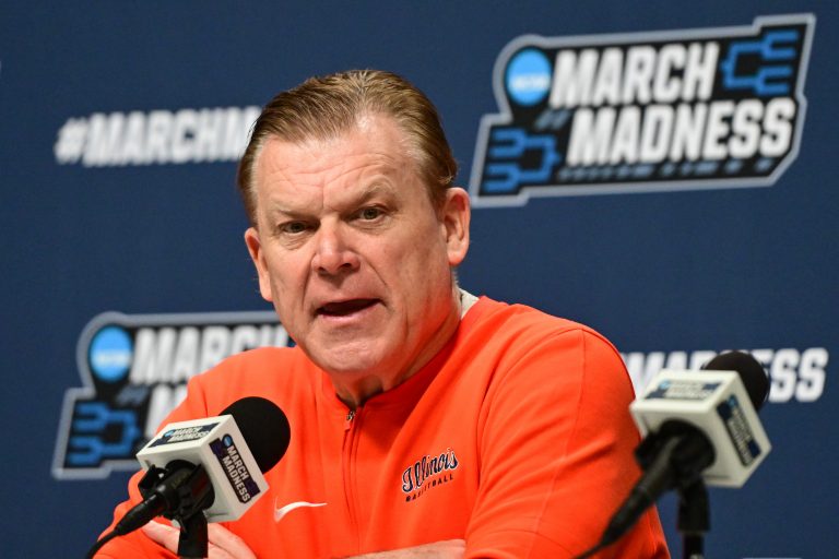 Illinois Fighting Illini head coach Brad Underwood speaks at press conference during NCAA Tournament First Round Practice at Fiserv Forum.