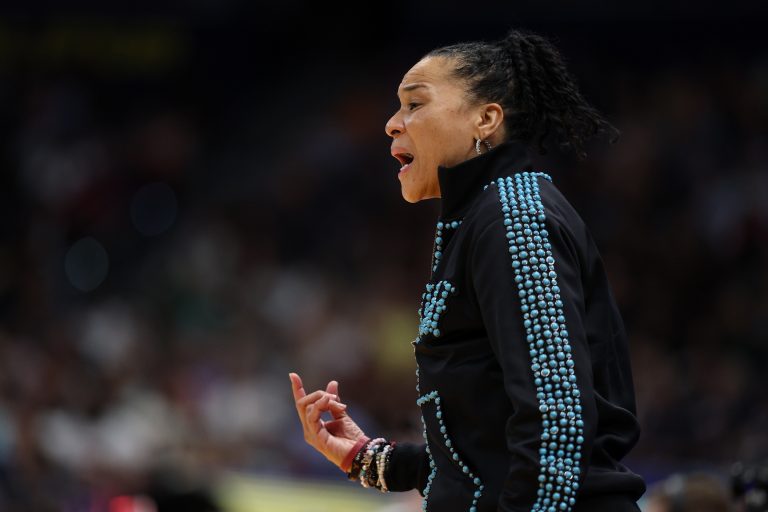 South Carolina Gamecocks head coach Dawn Staley reacts during the first half the national championship of the women's 2025 NCAA tournament against the Connecticut Huskies at Amalie Arena.