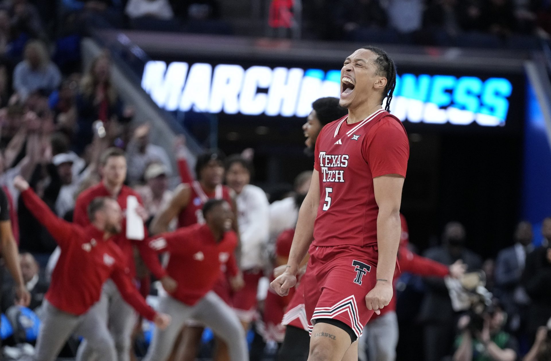 Texas Tech Red Raiders forward Darrion Williams (5) reacts during the second half against the Florida Gators during the West Regional final of the 2025 NCAA tournament at Chase Center.