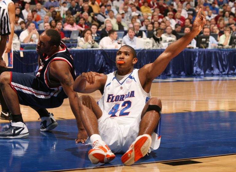 Florida Gators center Al Horford (42) reacts after a play against the Ole Miss Rebels during the first half of a semifinal round SEC Tournament game at the Georgia Dome in Atlanta, GA.
