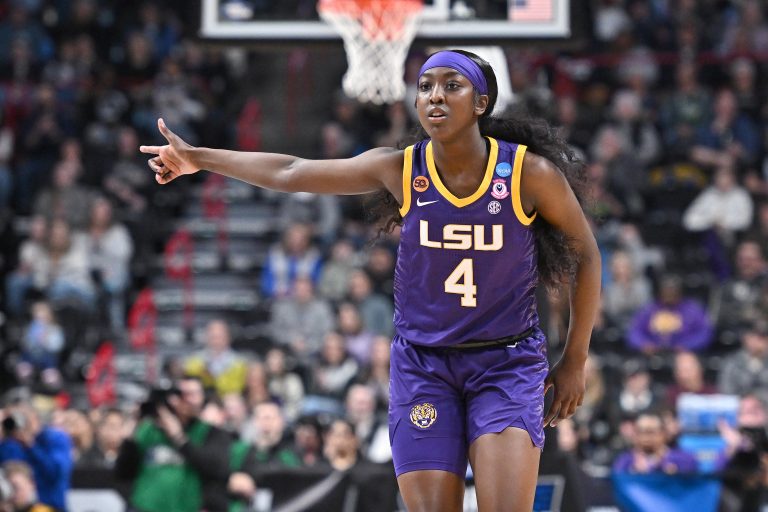LSU Lady Tigers guard Flau'Jae Johnson (4) reacts after play against the UCLA Bruins during the first half of a Elite 8 NCAA Tournament basketball game at Spokane Arena.