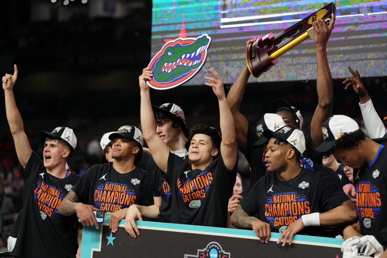 The Florida Gators celebrate after winning the national championship game of the Final Four of the 2025 NCAA Tournament at the Alamodome.