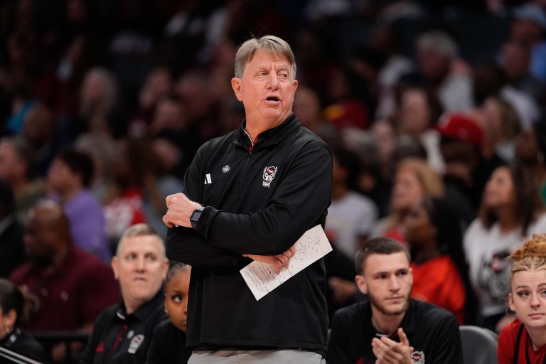 NC State Wolfpack head coach Wes Moore during the first half of the Ally Tip Off at Spectrum Center.